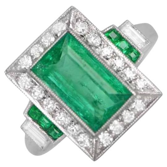 1.90ct Emerald Cut Emerald Engagement Ring, Diamond Halo, Platinum For Sale