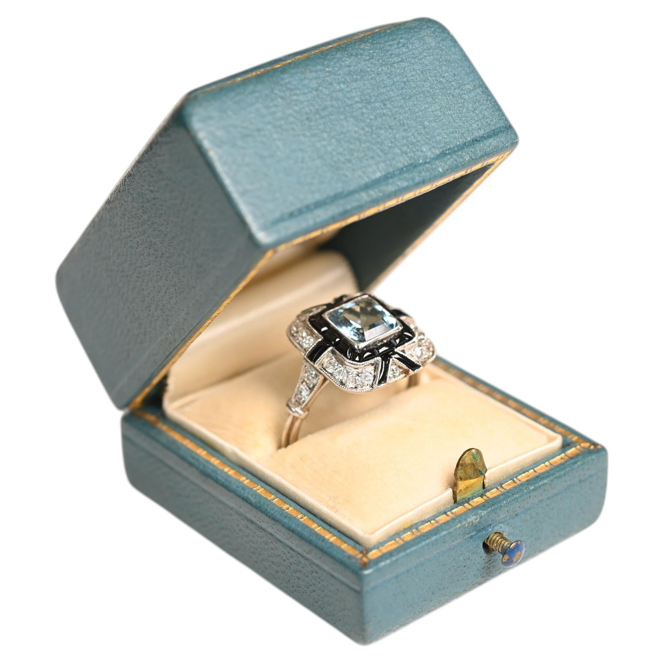 Aquamarine and Onyx Ring. 1ct Aquamarine Onyx Diamond Double Halo Ring Platinum For Sale