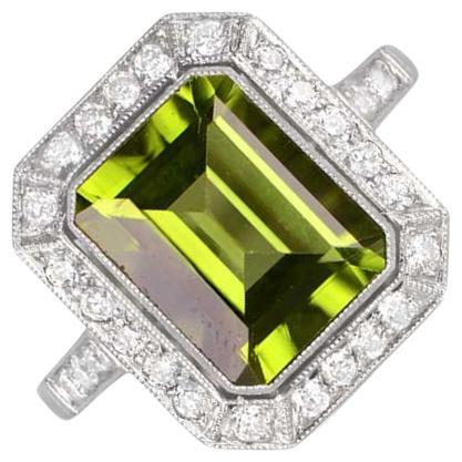 3.16ct Emerald Cut Peridot Engagement Ring, Diamond Halo, Platinum
