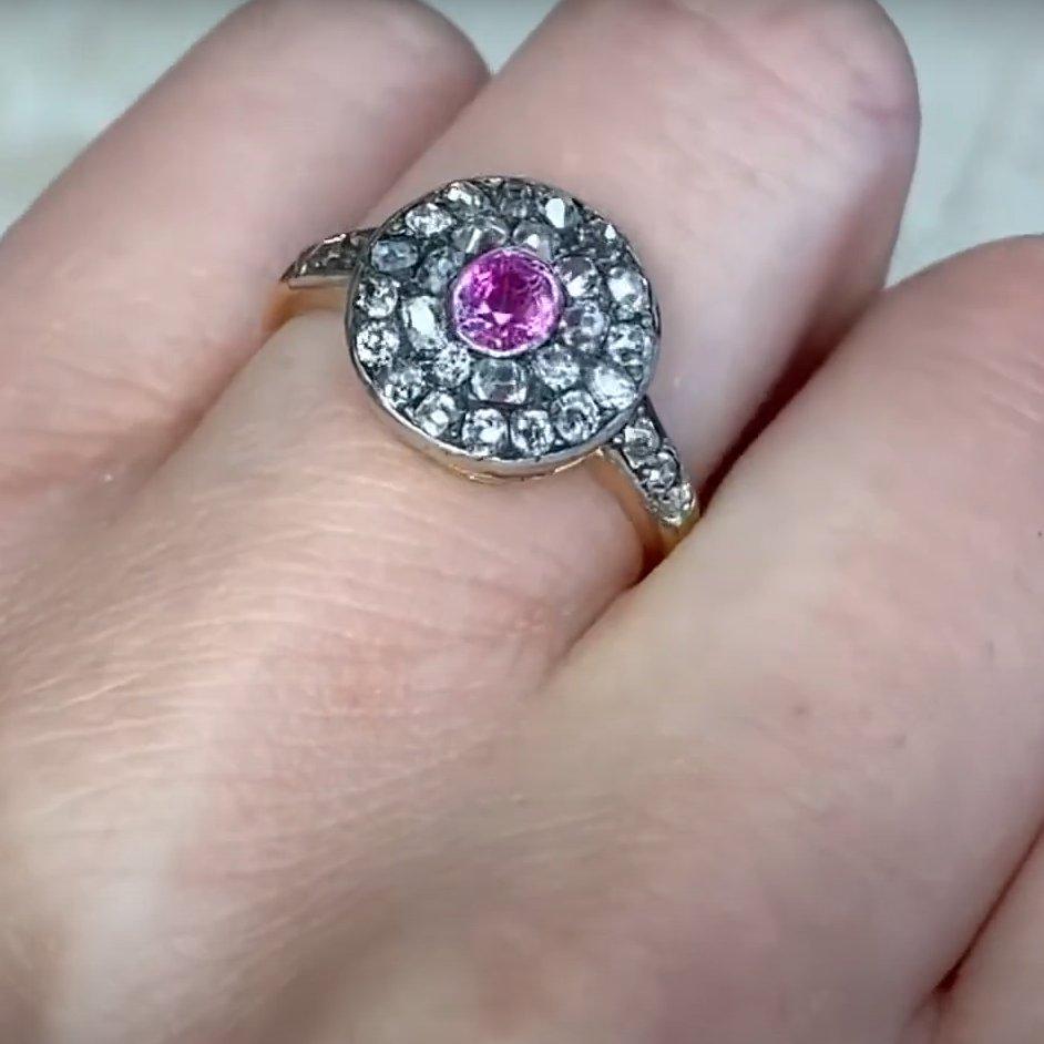 Bague ancienne en or jaune 14 carats avec saphir rose de taille ovale (environ 0,4 carat) Pour femmes en vente