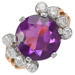 Retro 5.00ct Round Cut Natural Amethyst Cocktail Ring, 18k Yellow Gold 