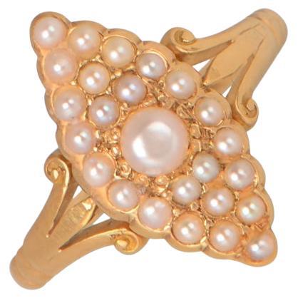 Antique Navette Pearl Cluster Ring, 18k Yellow Gold, Circa 1815 For Sale