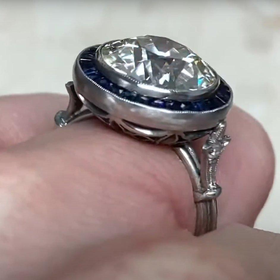 Anello aureolato con zaffiro di fidanzamento con diamante vecchio taglio europeo (UGL circa 5,70 carati) In condizioni ottime in vendita a New York, NY