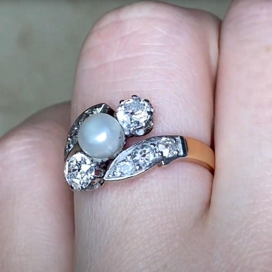 Bague d'antiquités en or jaune 18 carats, diamant taille vieille mine (environ 0,30 carat) et perle Pour femmes en vente