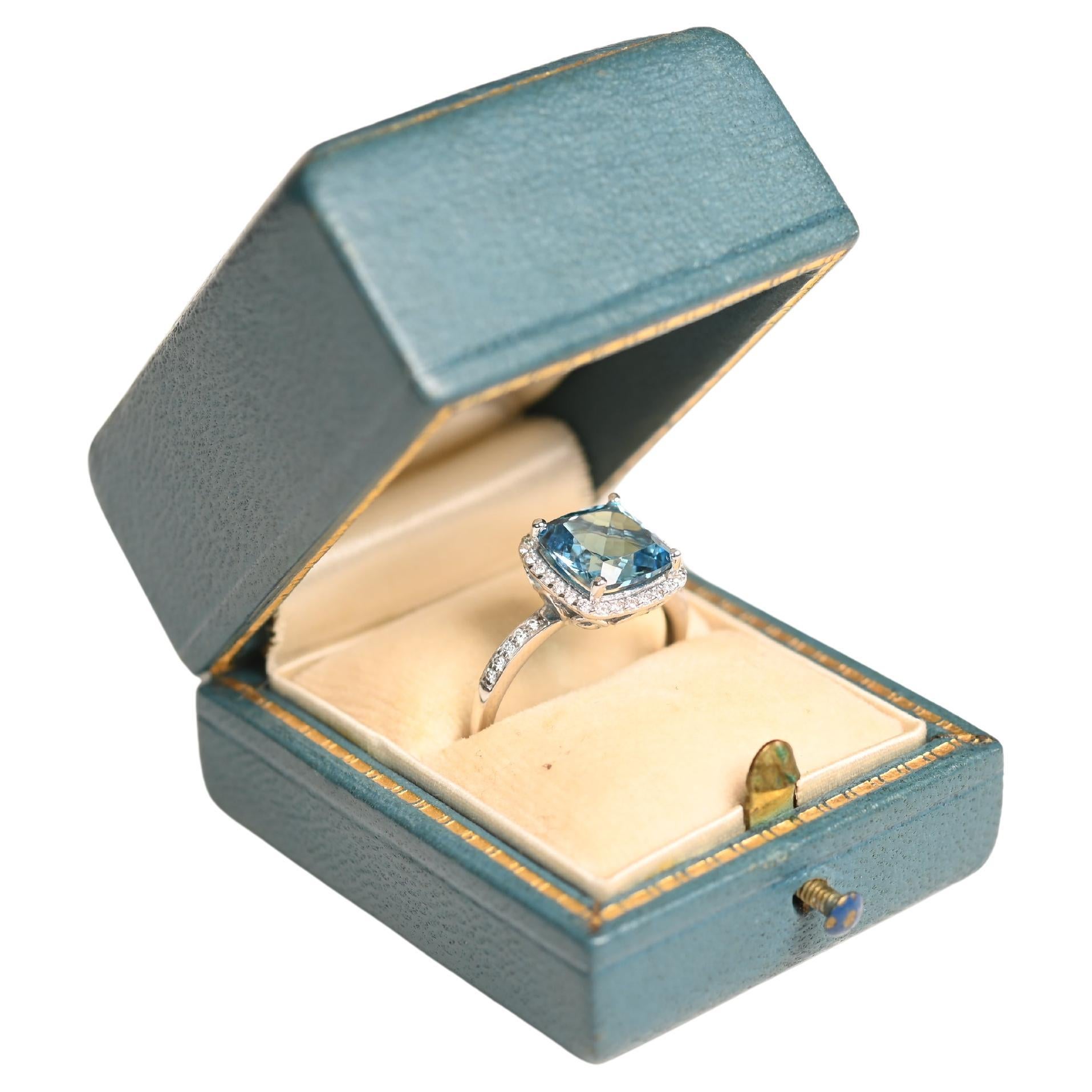 Cushion Cut Blue Topaz Diamond Halo Ring (Approx 2.60-Carats), 18k White Gold