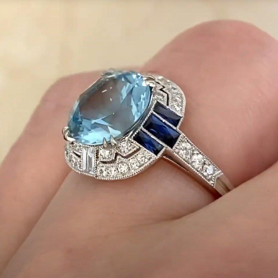 Bague de fiançailles à trois pierres (environ 3,20 carats), aigue-marine taille ronde Pour femmes en vente