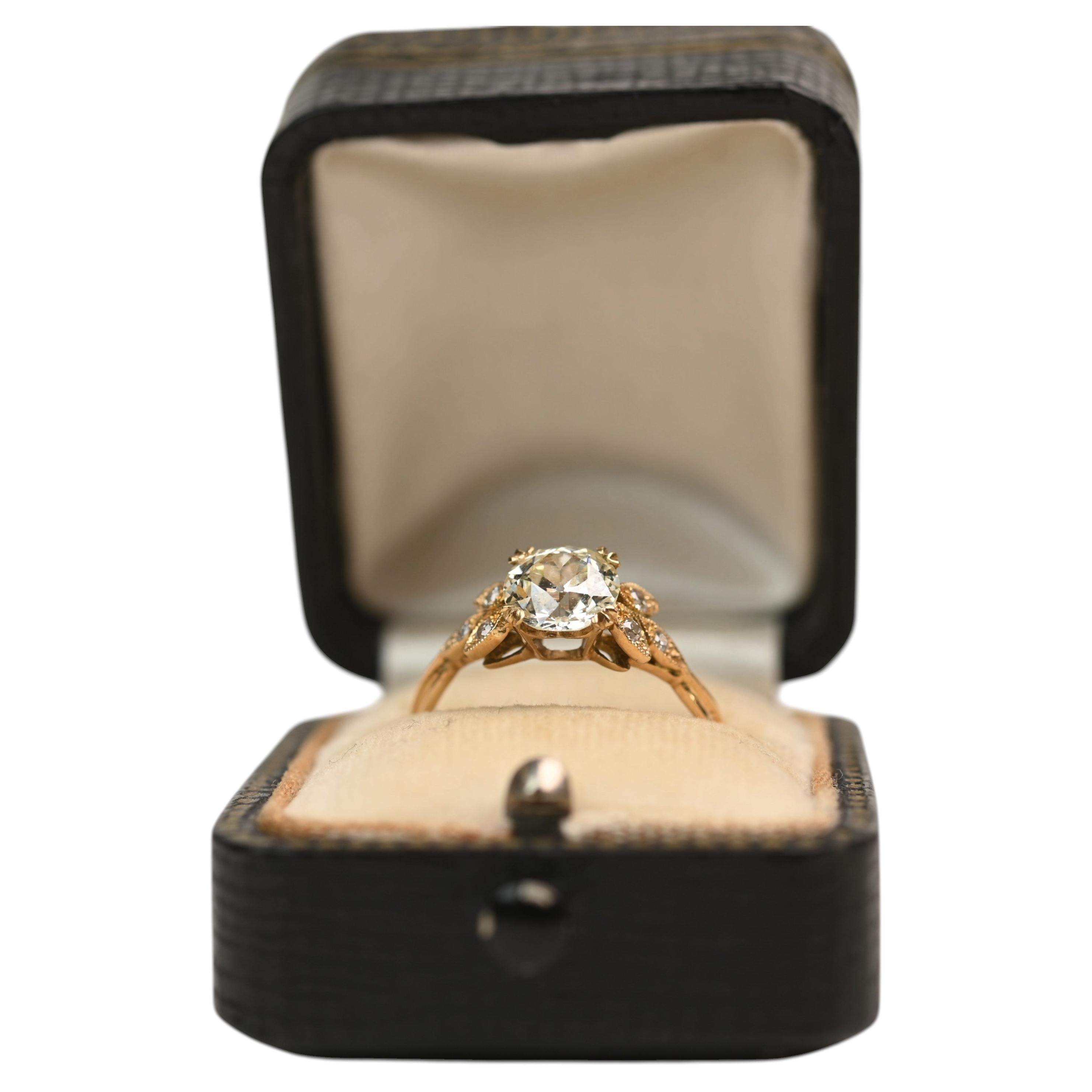 1.15 Carat Old European Cut Diamond Ring.Stone Accent Ring 18K Gold Floral