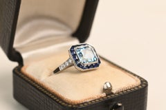 1.60 Carat Asscher Cut Aquamarine Ring. Diamond French Sapphire Halo Platinum