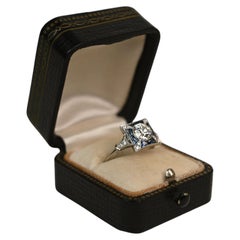 GIA 0.95 Carat Old European Cut Diamond Ring. Sapphire Halo Ring Platinum I SI1