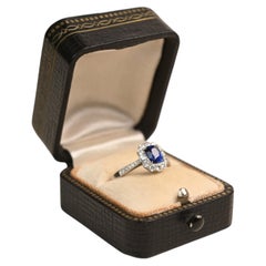 1 Carat Cushion Cut Sapphire Ring. Round Diamond Halo Engagement Ring Platinum