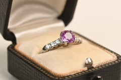 Vintage 0.90 Carat Round Pink Sapphire Ring. Diamond Accent 14k White Gold Ring