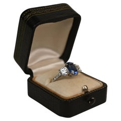 2.30 Carat Oval Cut Sapphire Ring. 1.30ct Diamond Three Stone Ring Platinum