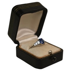 1.15 Carat Cushion Cut Sapphire Ring. Baguette Diamonds Accent Platinum Ring