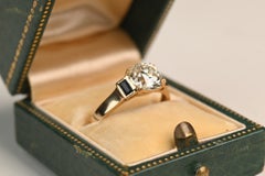 1.90 Carat Old European Cut Diamond Ring. Baguette Sapphire 18K Yellow Gold LVS2