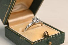 1ct Old European Cut Diamond Engagement Ring. Baguette Cut Diamond Platinum Ring