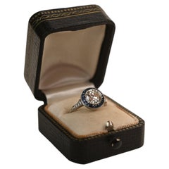 GIA 1.35ct Round Brilliant Cut Diamond Ring. French Sapphire Halo Platinum J SI2