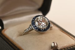 GIA 1.35ct Round Brilliant Cut Diamond Ring. French Sapphire Halo Platinum J SI2