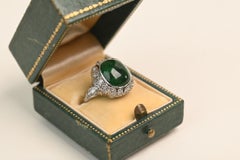Edwardian 4 Carat Cabochon Zambian Emerald Ring. Diamond Accents Platinum Ring