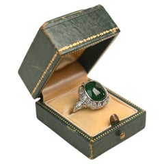 Edwardian 4 Carat Cabochon Zambian Emerald Ring. Diamond Accents Platinum Ring