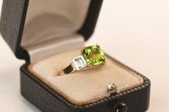 2.50 Carat Cushion Cut Peridot Ring. Baguette Aquamarine 18K Yellow Gold Ring