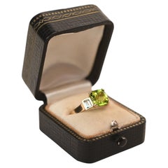2.50 Carat Cushion Cut Peridot Ring. Baguette Aquamarine 18K Yellow Gold Ring