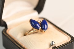 Vintage Cabochon Lapis Ring. Two Stone Lapis and Diamond 14K Yellow Gold Ring