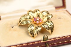 Vintage Tiffany and Co Diamond Ruby Brooch. Floral Petal 18K Yellow Gold Circa 1