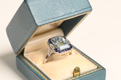 3.20ct Emerald Cut Aquamarine Ring. Sapphire Diamond Halo Cocktail Ring Platinum