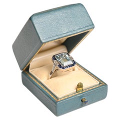3.20ct Emerald Cut Aquamarine Ring. Sapphire Diamond Halo Cocktail Ring Platinum