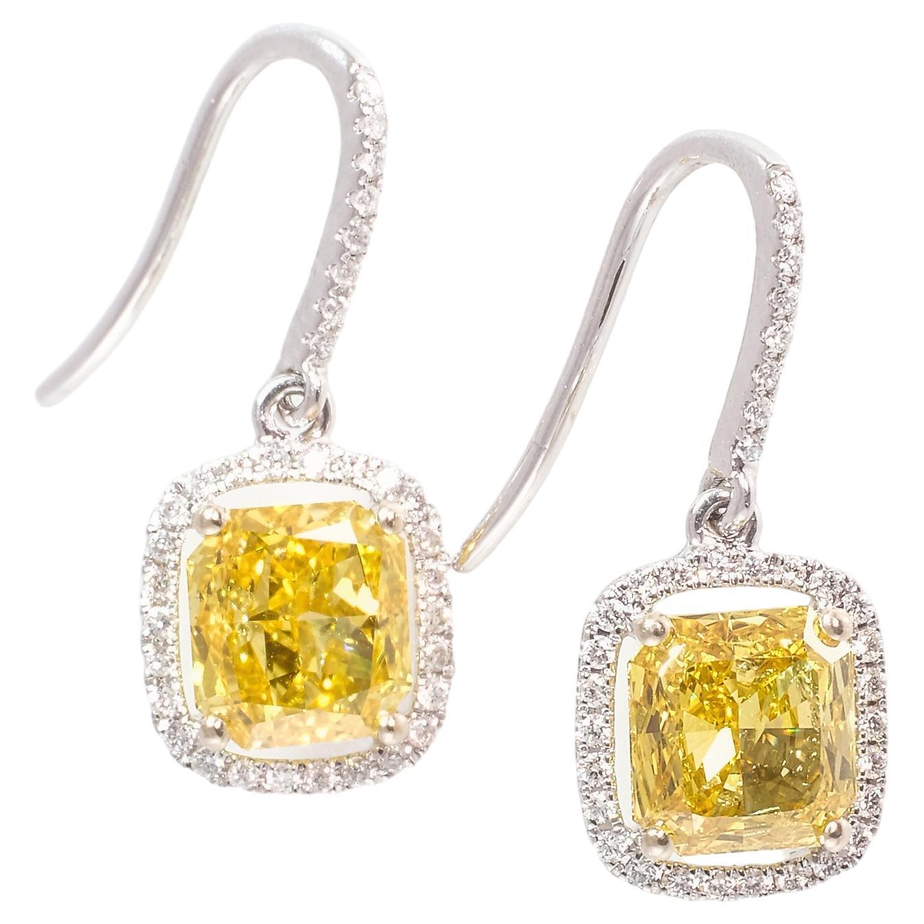 2.04 Carat Fancy Vivid Yellow Diamond Drop Earrings GIA