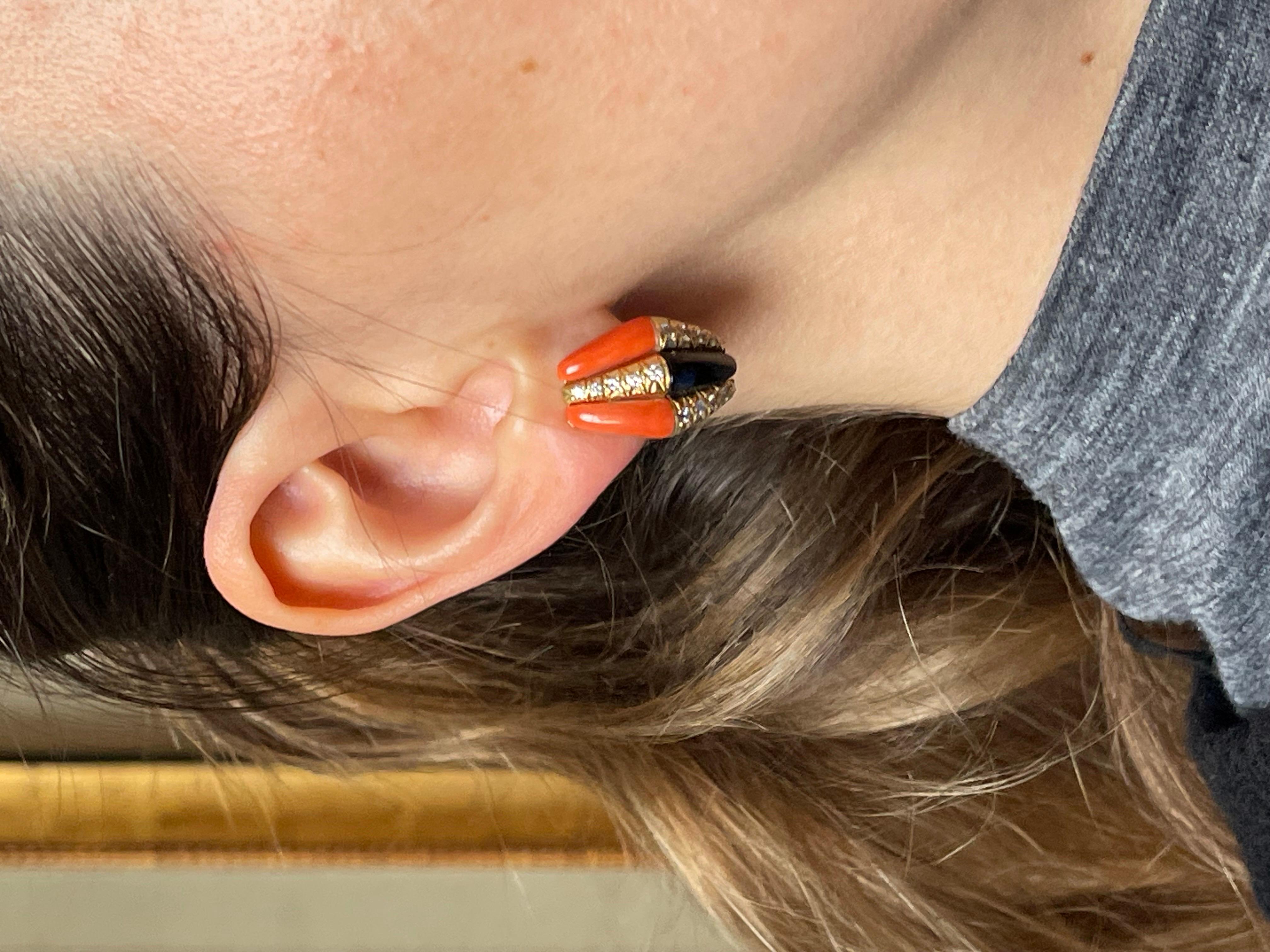 Tiffany & Co 18K Gold Coral Onyx Earrings C 1960 For Sale 2