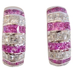 18K White Gold 3.20ct Squared Pink Sapphire & 2.30ct Diamond Clip Earring