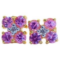 18K Gold 0.80ct Round Pink Sapphires & 0.04ct Diamond Stud Earrings