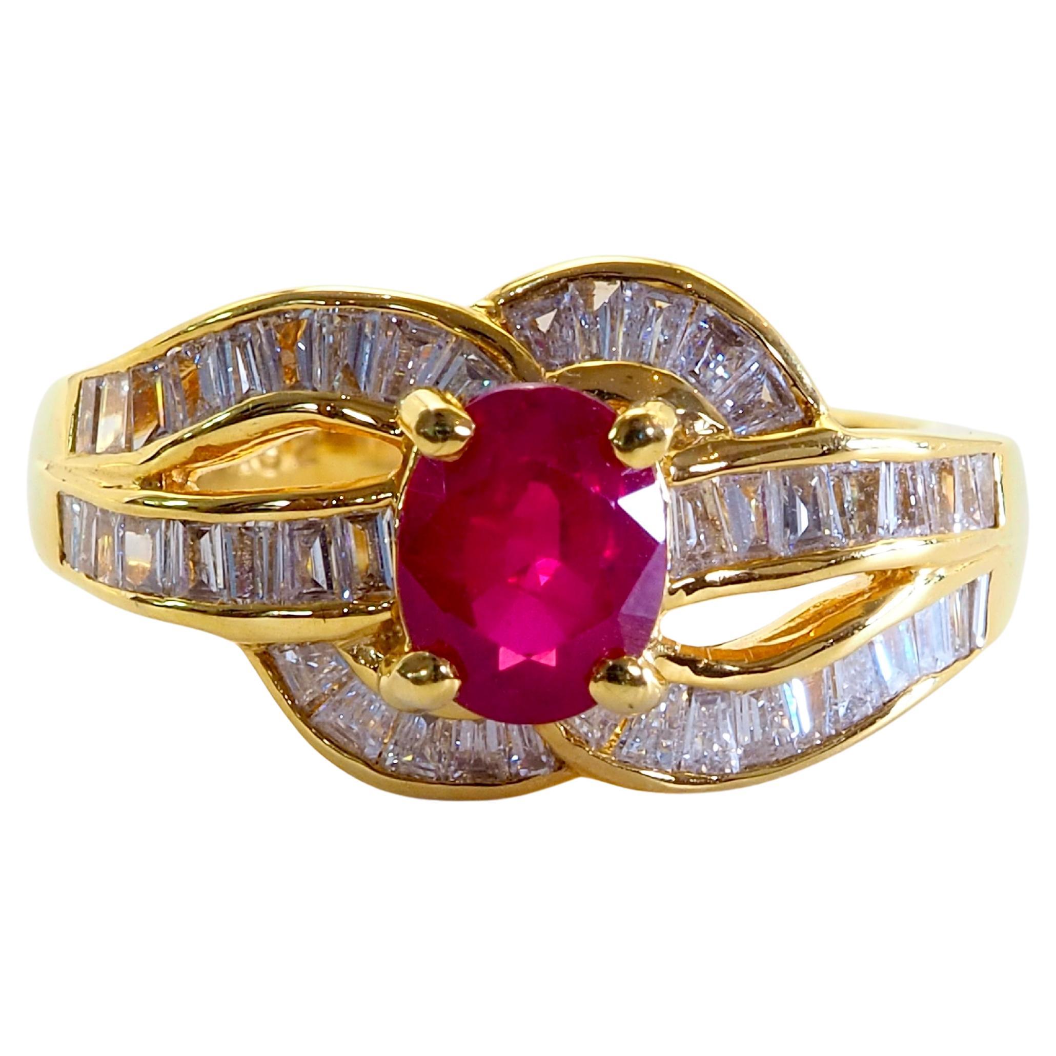 Bague en or 18 carats 1,26ct Rubis rouge ovale Myanmar et 0,71ct Diamant baguette en vente