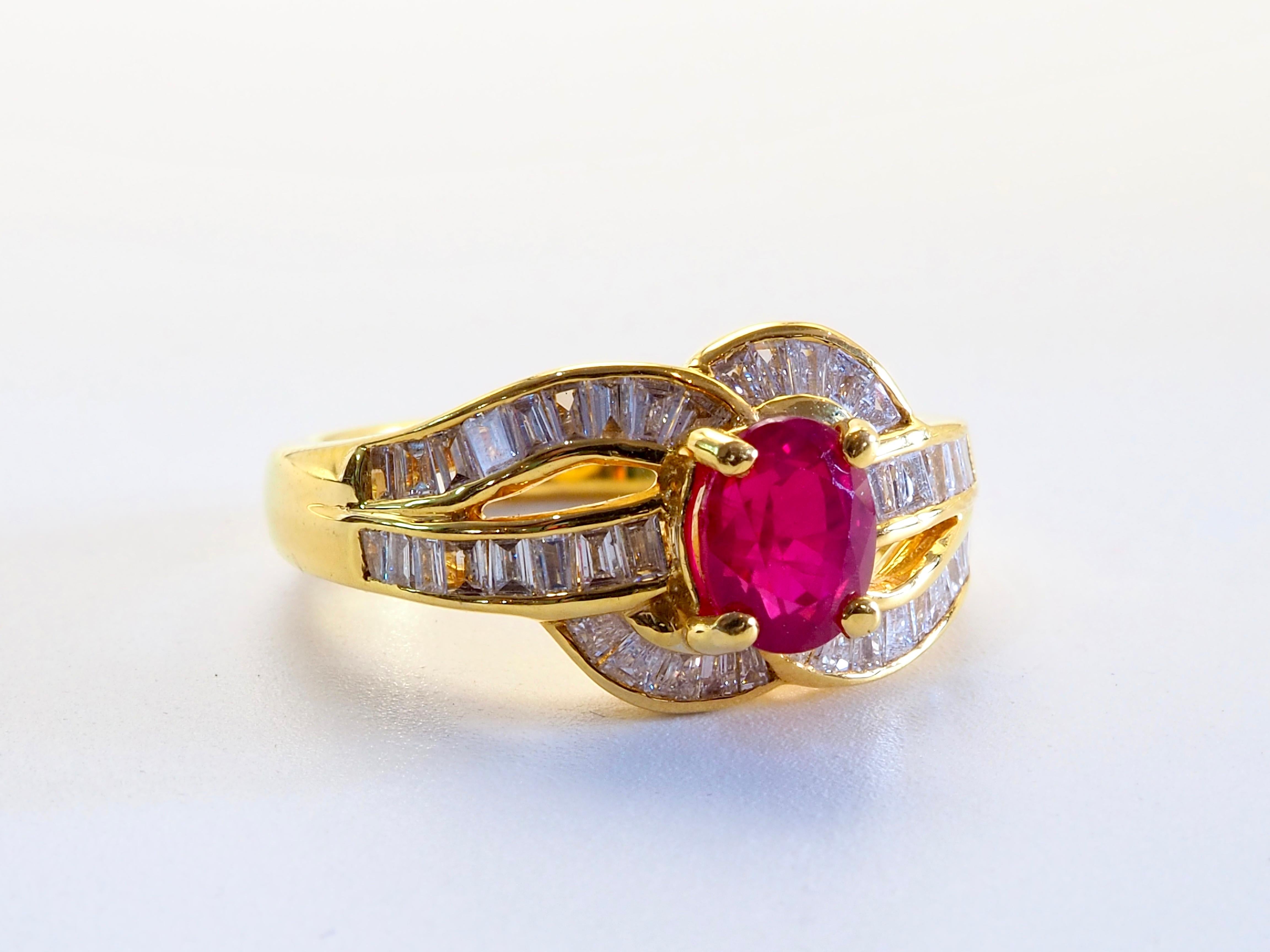 Bague en or 18 carats 1,26ct Rubis rouge ovale Myanmar et 0,71ct Diamant baguette Neuf - En vente à เกาะสมุย, TH
