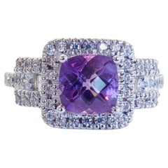 Sterling Silver 1.10ct Cushion Amethyst & Quartz Halo Ring, Size 7.25