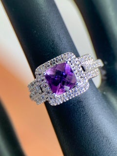 Sterling Silver 1.10ct Cushion Amethyst & Quartz Halo Ring, Size 7.25