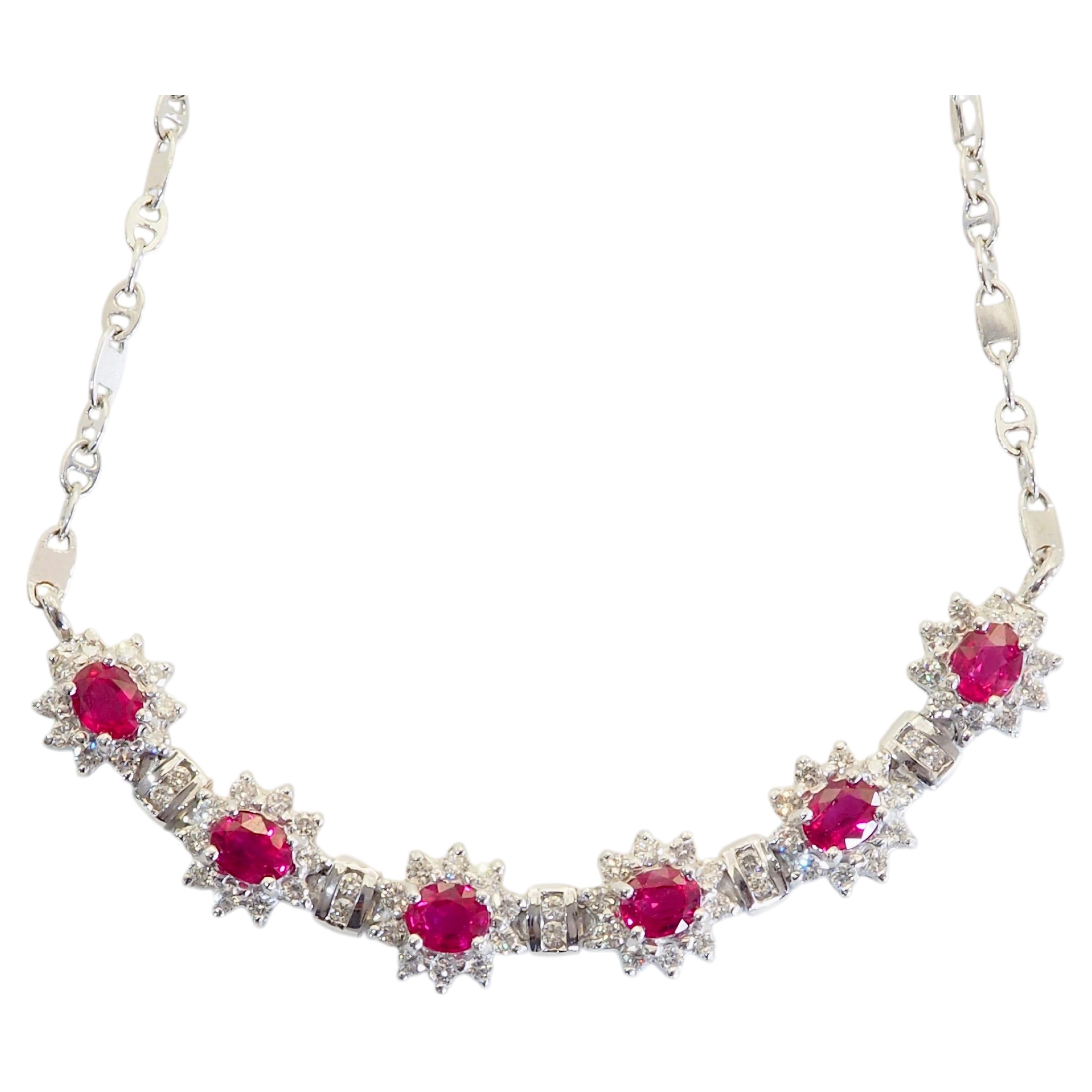 18K White Gold 3.05ct Vivid Red Ruby & 1.10ct Brilliant Diamond Chain Necklace