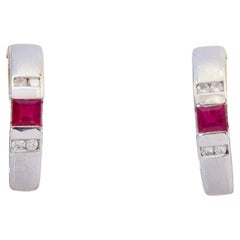 18K White Gold 0.50ct Squared Ruby & 0.10ct Diamond Latch Back Earring
