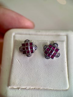 Sterling Silver 0.90ct Square Ruby & White Quartz Geometric Motif Earrings