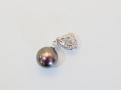 18K White Gold 10mm Tahiti Pearl & 0.10ct Diamond Heart Motif Pendant