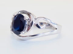 Sterling Silver 1.62ct Oval Dark Blue Sapphire Swirly Ring