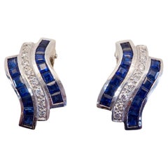 18K White Gold 1.80ct Blue Sapphire & 0.16ct Diamond Flowing Omega Earrings