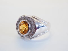 Sterling Silver 1.20ct Oval Citrine & CZ Bezel Set Halo Band Ring, Size 9.75