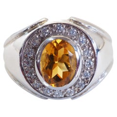 Sterling Silver 1.20ct Oval Citrine & CZ Bezel Set Halo Band Ring, Size 9.75