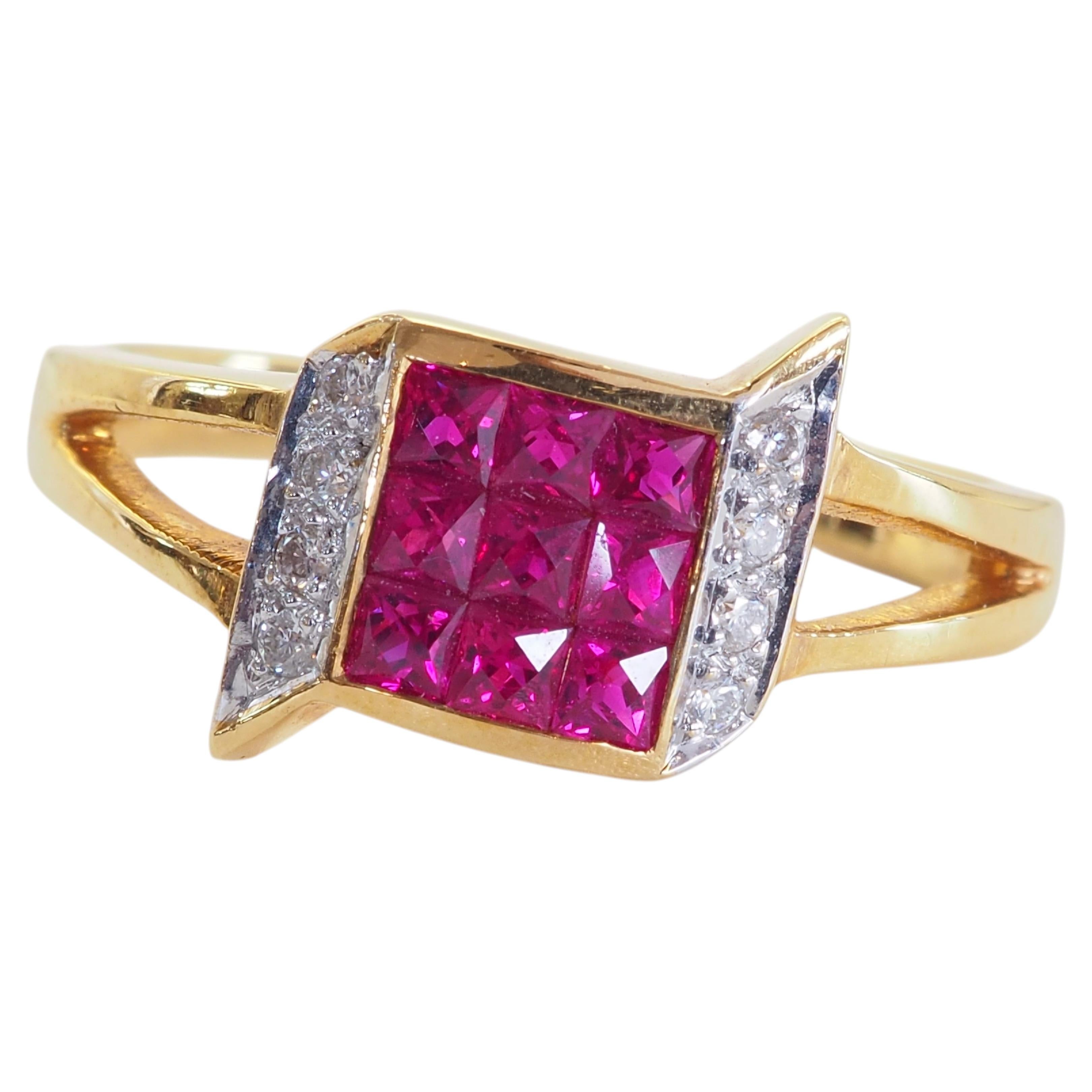 18K Gold 0.80ct Squared Ruby & 0.06ct Diamond Mystery Split-Shank Ring