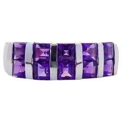 1990s Sterling Silver 2.40 Carats Squared Amethyst Two Row Band Ring, Size 7.25