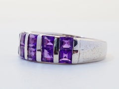 1990s Sterling Silver 2.40 Carats Squared Amethyst Two Row Band Ring, Size 7.25