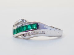 1990s 18K White Gold 0.35 Carats Emerald & 0.13ct Diamond Stream Band Ring