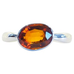 Modern Sterling Silver 1.65 Carats Deep Orange Garnet Solitaire Ring, 7.25 US